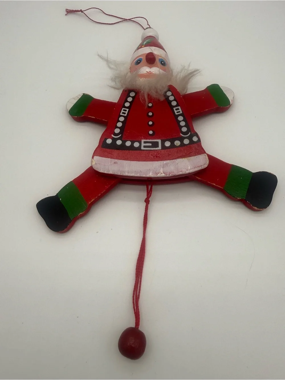 Vintage Wooden Santa Claus Jumping Jack Pull String Christmas Ornament Toy 1970s